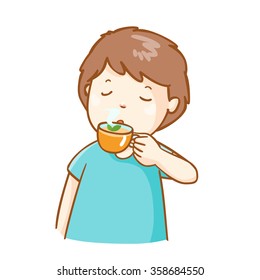 Cold Man Drinking Herbal Tea Vector Illustration