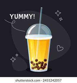 Cold mango bubble tea in takeaway plastic cup with lid, straw and hand drawn doodles for menu,cafe, flyer,banner.	