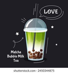 Cold matcha bubble milk tea in takeaway plastic cup with lid, straw and hand drawn doodles for menu,cafe, flyer,banner.