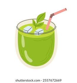 Cold matcha drink with ice cubes. Green tea drink. Elements for menu, recipe, label, packaging design. Trendy asian beverage.