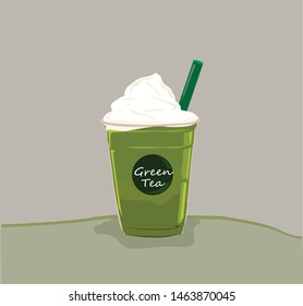 Cold Matcha Green Tea Frappe or Shake with Whipped Cream and Straw.