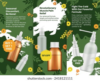 Cold medicine sale discount flyer set design template healthcare shopping special offer realistic vector illustration. Medical cure treatment nose spray syrup pharmaceuticals package pharmacy remedy