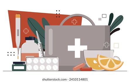Cold medicines set. First aid kit. Blister and medicine, thermometer. Health care and medicine, treatment. Poster or banner. Cartoon flat vector collection isolated on white background