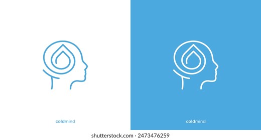 Diseño de Logo Cold Mind. Cabeza y gota de agua con estilo de contorno de arte de línea. Logotipo de salud mental, ícono, símbolo, Vector, Plantilla de diseño.