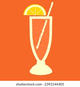 Cold mocktail with lemon and straw. Hurricane refreshing cocktail in glass on a stem. Alcohol drink with citrus. Vector flat illustration with texture. Bloody Mary cocktail