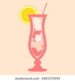 Cold mocktail with lemon and straw. Hurricane refreshing cocktail in glass on a stem. Alcohol drink with citrus and ice cubes. Vector flat