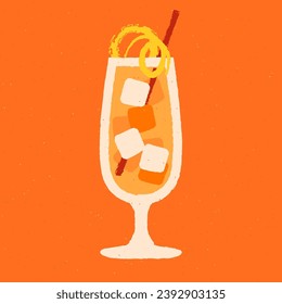 Cold mocktail with lemon zest and straw. Hurricane refreshing cocktail in glass on a stem. Alcohol drink with citrus and ice cubes. Vector flat illustration with texture