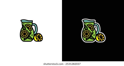 Cold mojito in a decanter on white and black background. Original vector illustration in vintage style. Hand drawn, not AI