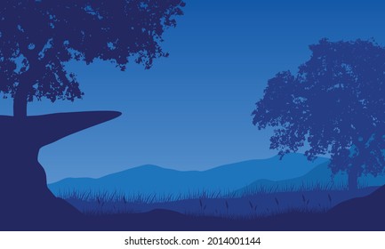 A cold morning with a realistic view of the mountains and tree silhouettes from the edge of the city. Vector illustration of a city