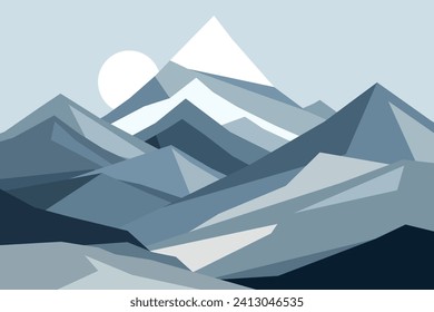 Cold mountains flat illustration. Abstract simple landscape. Blue and gray hills. Vector design art