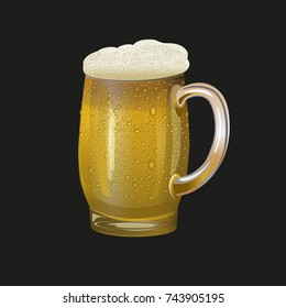 Cold mug of beer with foam isolated on black background
