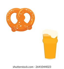 Cold mug of beer with foam and traditional pretzel. Glass of beer. Vector illustration