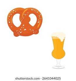 Cold mug of beer with foam and traditional pretzel. Glass of beer. Vector illustration