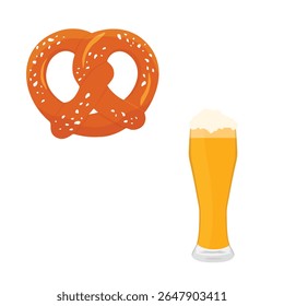 Cold mug of beer with foam and traditional pretzel. Glass of beer. Vector illustration