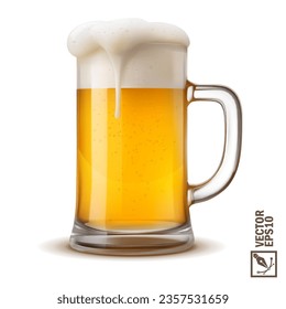 cold mug of light beer with lush flowing foam, 3D realistic glass with handle