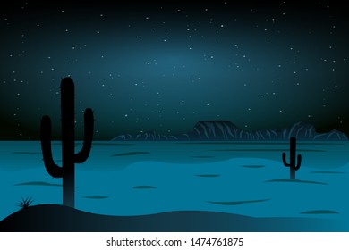 Cold night canyon with a beautiful starry sky. Vector illustration in cartoon style.