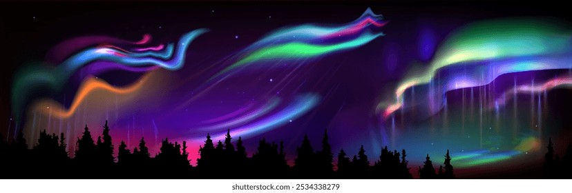 Cold night landscape with forest silhouette and dark starry sky with bright northern lights. Realistic vector illustration of twilight scene with green, purple and blue gradient aurora borealis