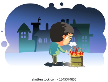 Cold night Standing in front of the fire Worker character illustration