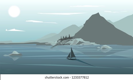 cold ocean and rocy island illustration, ship sailing to the medieval town on the shore, vector landscape