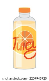 Cold orange juice icon. Plastic bottle with yellow label and half citrus. Fruits, natural and organic products. Vitamins and useful elements. Social media sticker. Cartoon flat vector illustration