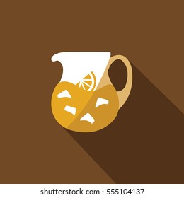 cold orange juice pitcher with orange slice & ice cubes & shadow on a brown background 