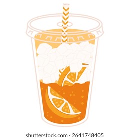 Cold orange soda with fruit slice, crushed ice and striped straw in transparent plastic cup. Bright and refreshing. Stock vector illustration in cartoon flat style. Isolated on white.
