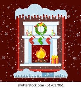 Cold outside concept. Winter window snow tunes. Room with fireplace, christmas wreaths, gifts, candles, santa socks. Flat vector cartoon fireplace illustration. Objects isolated on white background.