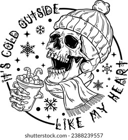 Hace frío afuera como mi corazón, Temporada de Congelación, Skeleton de Navidad, Santa Skull, Navidad divertida, Calavera Retro