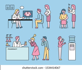 A cold patient sees a doctor and is buying medicine at a pharmacy. flat design style minimal vector illustration.