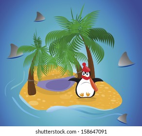 cold penguin over tropical island