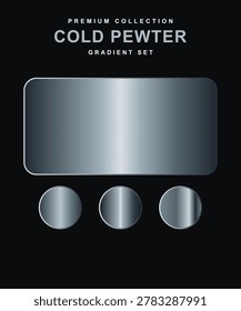 Cold pewter gradient set featuring metallic silver textures. Includes one large rounded rectangle and three circles with various light reflections. Professional design assets for UI kits, web elements, and luxury branding. Ideal for graphic designers and digital marketers. Dark black background enhances the metallic sheen.