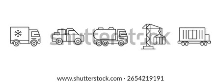Cold pickup tanker crane container freight transport outline cargo delivery mobility icon vector illustration logistics commercial editable shipment design.