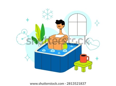 Cold Plunge Therapy Vector Illustration Featuring Ice Bath Recovery, Wellness Treatment, Muscle Recovery, Health Therapy, and Athletic Rehabilitation