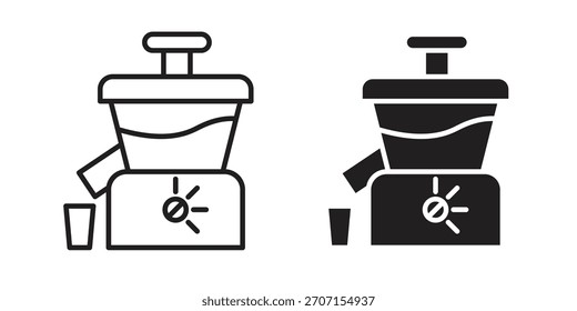 Icono de exprimidor prensado en frío en un diseño de Vector de trazo negro y versión sólida plana sobre fondo blanco