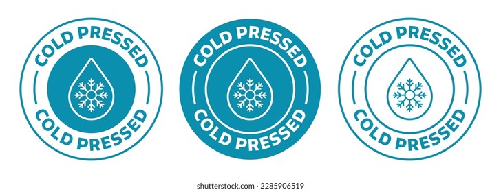 Cold pressed oil icon set in blue color. isolated high cold pressed juice stamp collection.