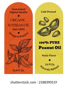 Cold pressed pure and organic soybean and peanut oils. Omega 6 proteins and healthy ingredients for dieting and nutrition. Naturally refined product. Labels or emblems set. Vector in flat style