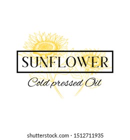 Cold pressed sunflower oil vector hand drawn logo template. Yellow flower sketch in black frame illustration. Bio handmade product packaging label design. Organic cooking oil logotype layout