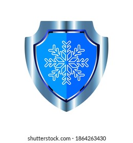 Kaltschutzsymbol. Vektorsymbol eines blauen Schildes mit einer Schneeflocke innen. Schild mit einer Schneeflocke in einem flachen Design. Schild und Schwert Symbol einzeln.