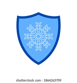 Cold protection icon. Vector icon of a blue shield with a snowflake inside. Shield with a snowflake in a flat design. Shield and sword icon isolated.