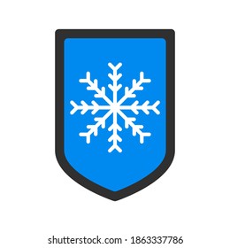 Cold protection vector icon. Shield icon with snowflake in flat design. A shield icon with a snowflake on it. Frost protection concept icon.