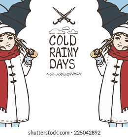 cold rainy days girl hold an umbrella eps8