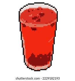 Cold red juice drink in glass. Beverages Compot stewed fruit
pixel art 80s style icon. Isolated on white background. Vector illustration. Item for game or graphic design.