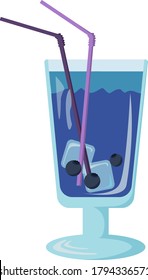 
cold refreshing cocktail of blue and purple color with blueberries in a transparent glass with two tubes and two ice cubes