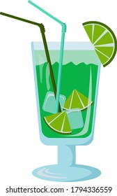 cold refreshing green mojito cocktail with lime wedges in a transparent glass with two tubes and two ice cubes