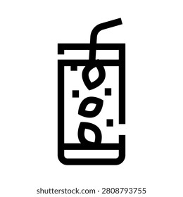 Cold refreshing summer beverage in a tall glass with straw, mint leaves and ice dots, minimalist black and white line art icon suggesting mojito, iced tea or detox drink