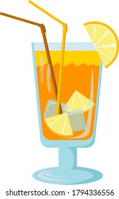 
cóctel frío refrescante amarillo y naranja con cuñas de limón en un vaso transparente con dos tubos y dos cubos de hielo