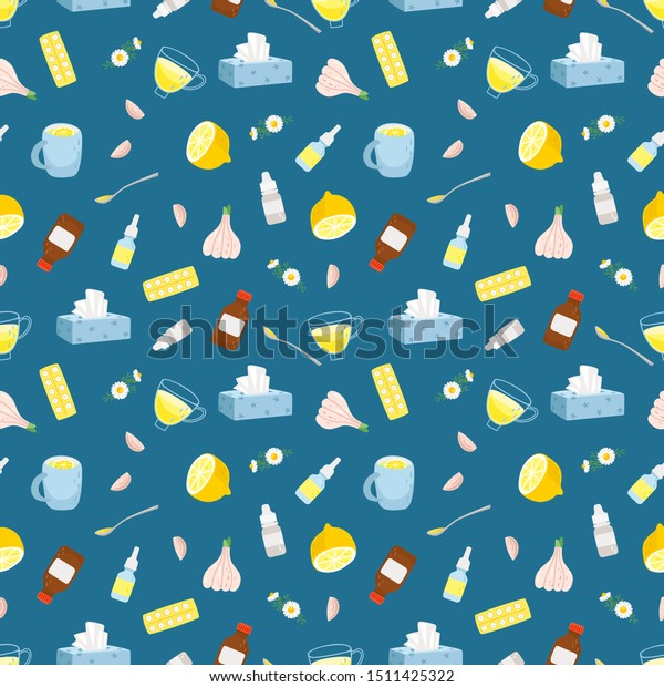 Cold remedies seamless pattern. Winter cold and flu\
health remedy vector texture, syrup with lemon and medicine\
aspirine pills, medication\
drops