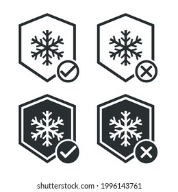 Cold resistant sign. Shield with a snowflake icon. Low temperature protection. Frost resistance with checkmark and cross sign. Illustration vector