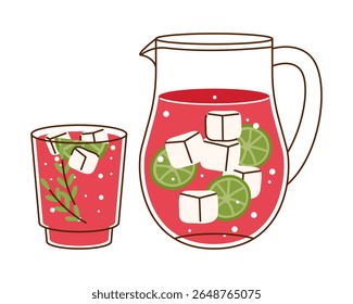Cold rhubarb lemonade pitcher and glass, with lime slices, ice cube, vector illustration icon. Fruit refreshment drink. Refreshing summer beverage, healthy natural juice, homemade recipe