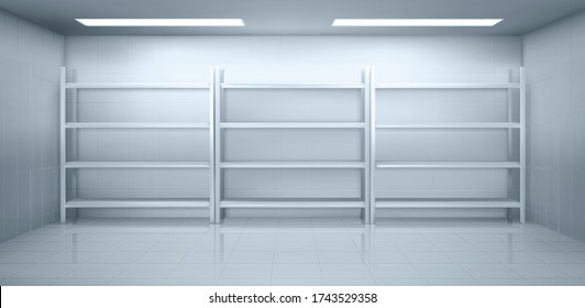 Cold room in warehouse with empty metal racks. Vector cartoon interior of industrial storage freezer with shelves, tiled walls and floor. Refrigerator chamber in factory, store or restaurant